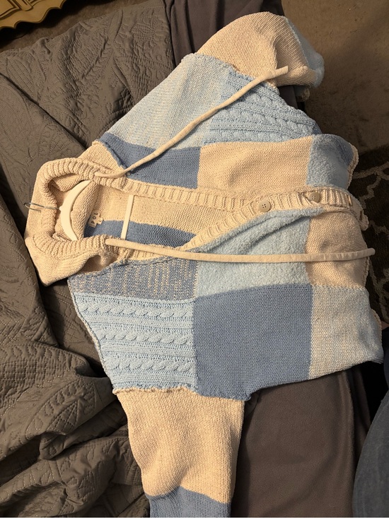 POL Sweaters - POL Blue and Cream Patchwork Hooded Cardigan Sweater